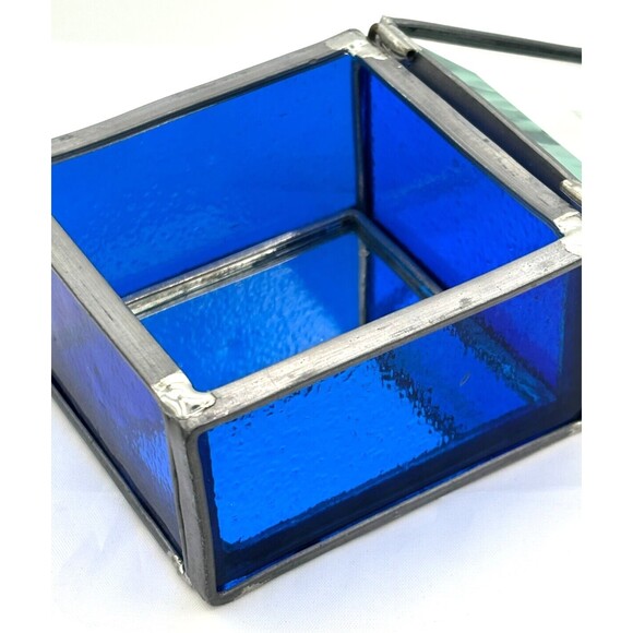 Stained Glass Trinket Box Cobalt Blue Mirrored Bottom Etched Stage Coach Hinged‎ - Picture 13 of 16